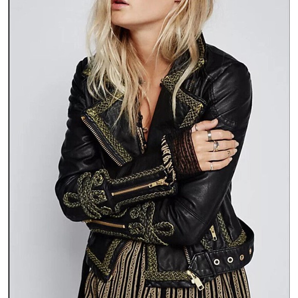 Free People Jackets & Blazers - Free People Bang Bang Vegan Moto Jacket Black Faux Leather Gold Cuff OB571600 XS